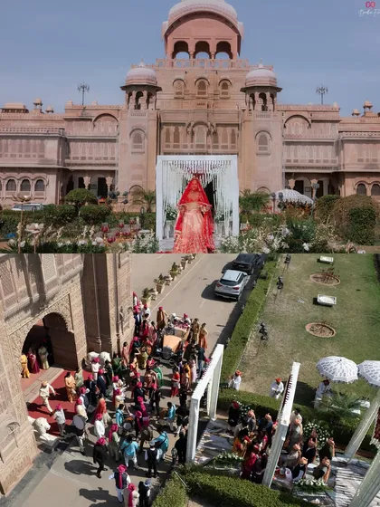 A high-angle shot capturing the bride's grand entrance and the scale of the beautiful outdoor wedding setup at the palace.
