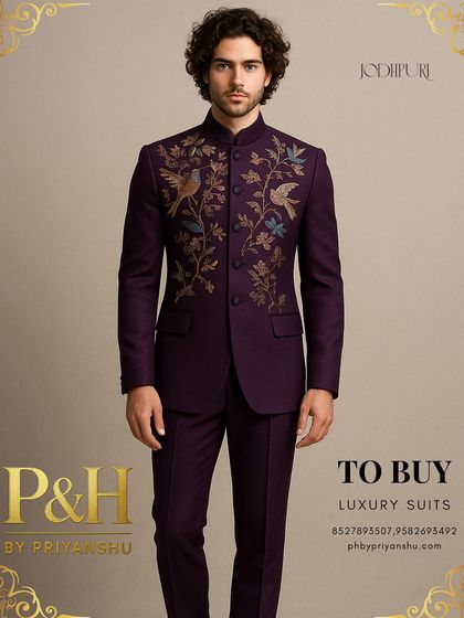 A slightly different angle of the purple bird-embroidered Jodhpuri, highlighting the vibrant colors used in the hand-embellished design.