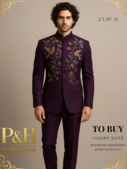 A slightly different angle of the purple bird-embroidered Jodhpuri, highlighting the vibrant colors used in the hand-embellished design.