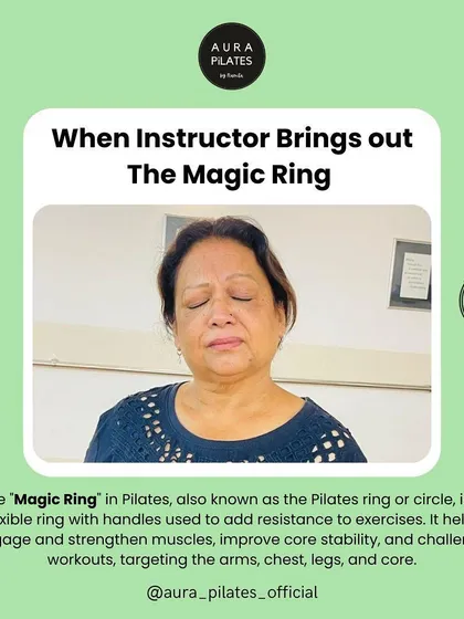 The "Magic Ring" is a flexible ring that adds resistance to exercises. It helps engage and strengthen muscles in the arms, chest, legs, and core, improving stability and challenging your workouts.
