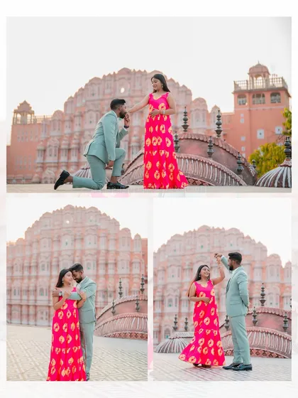 A modern and chic pre-wedding shoot for Ashish and Pallavi in front of Hawa Mahal, showing how we can adapt our style to the couple's preference.