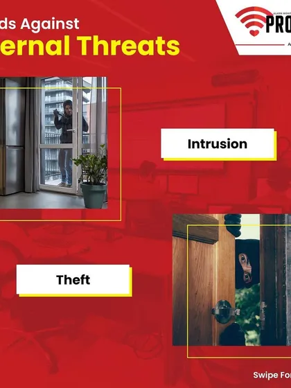 We guard against external threats like intrusion and theft. Our system is designed to protect both homes and offices with a sophisticated monitoring station and a 15-minute response time.
