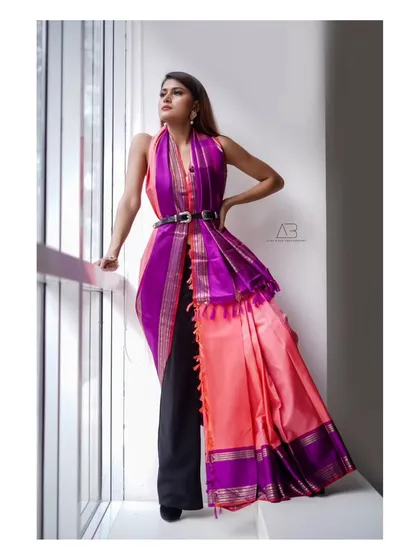 Fashion is about breaking rules. Here, we collaborated with a stylist to create a modern, Indo-western look, draping a vibrant Kanchipuram silk saree over trousers. It’s an example of the offbeat, experimental concepts I love to bring to life for brands.