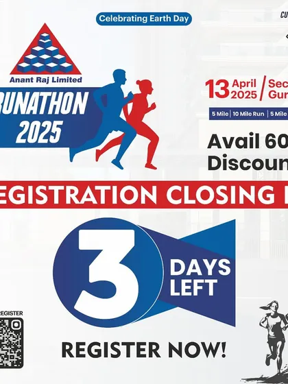 "3 Days Left!" This countdown poster for the Anant Raj Runathon registration deadline effectively creates a sense of scarcity and encourages immediate action.