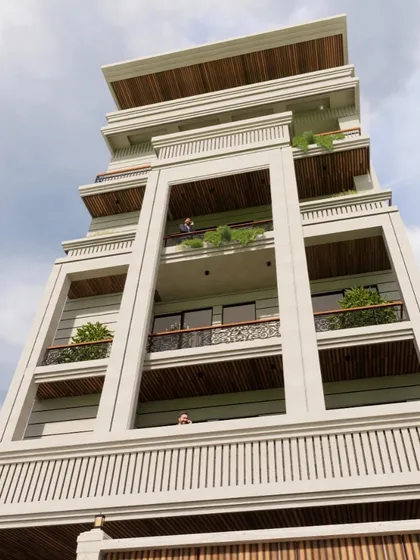 A low-angle perspective of the classic facade render. This view emphasizes the building's impressive scale and the detailed craftsmanship of the cornices and railings, which are key elements of this timeless style.
