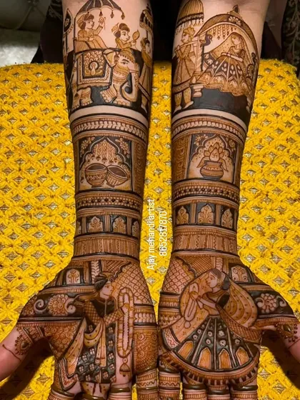A full view of a story-based bridal design. The arms are filled with scenes from a wedding procession, including elephants, dhol players, and the couple themselves.
