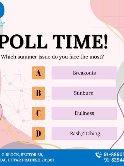 A poll asking about the most common summer skin issues. Whether it's breakouts, sunburn, or dullness, I offer expert solutions for all these concerns.