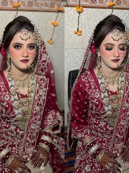 A beautiful portrait showing both the open-eye and closed-eye makeup look. You can see the detailed eyeshadow blending and the full lashes that give the eyes that captivating, dramatic effect essential for a bridal look.