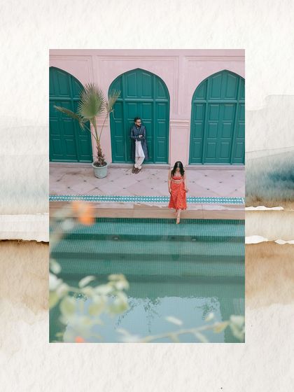 An artistic shot of a couple by a pool, framed by a watercolor-style border.