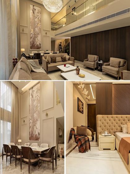 A collage showcasing various interior spaces from a neoclassical home, including the double-height living and dining area and a cozy bedroom.