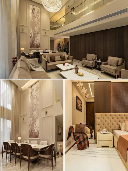 A collage showcasing various interior spaces from a neoclassical home, including the double-height living and dining area and a cozy bedroom.