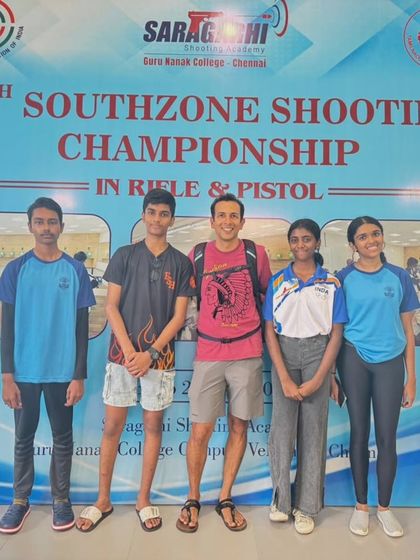A group photo celebrating our team's success at the South Zone Air Pistol Shooting Championship. Our shooters brought home five gold and three bronze medals, a result of their relentless effort and commitment.