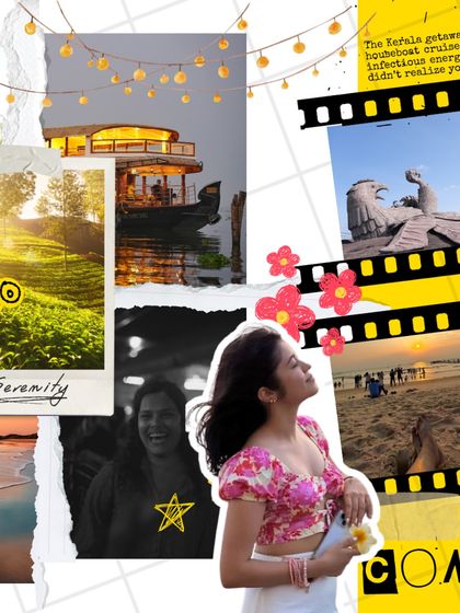 A creative collage capturing the serenity and joy of a Kerala getaway. From houseboat cruises to stunning sunsets, it shows the infectious energy of our trips.