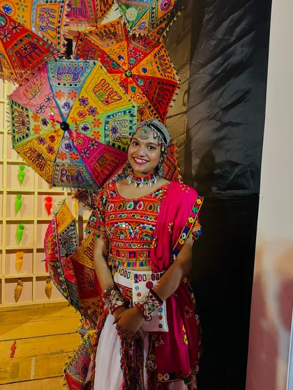 Add a pop of color to your dance with one of my decorative Garba umbrellas. They are lightweight, beautifully embroidered, and make for an amazing prop in photos and on the dance floor.