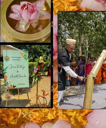 A collage of details from the eco-conscious Coorg wedding, including local flowers, a bamboo ritual, and a welcome sign.