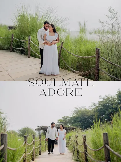 A diptych from a "Soulmate Adore" session, showing the couple embracing and walking on a rustic wooden bridge surrounded by lush greenery.