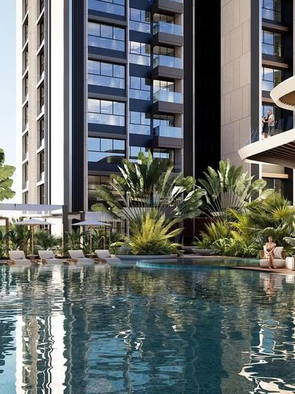 The main pool area of the multi-level clubhouse. The design features a large resort-style pool, comfortable lounge chairs, and a woven cabana, all set against the backdrop of the parametrically designed building.