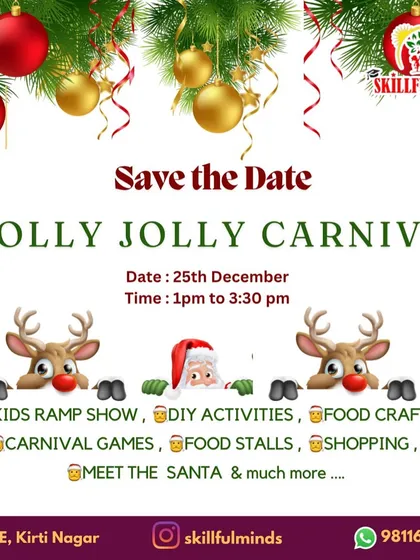 Save the date for our Holly Jolly Carnival. A simple and festive reminder for parents to block their calendars for a day of kids' ramp shows, DIY activities, and meeting Santa.