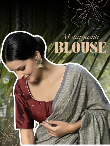 This is my Matargashti Silk V-Neck Blouse. It blends a luxurious silk fabric with a chic elbow-length sleeve, making it a perfect companion for your next saree story, from festive soirées to intimate celebrations.