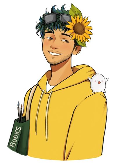 A clean, high-resolution version of my art shop logo, featuring my illustrated self-portrait with a sunflower and a little ghost friend.