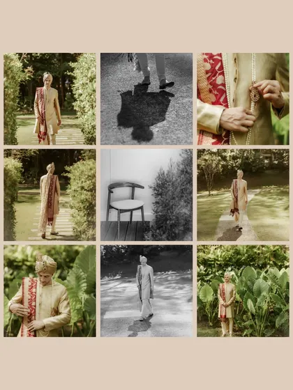 A grid of nine photos dedicated to the groom's portraits, showing a mix of full-length shots, details, and artistic black and white images.