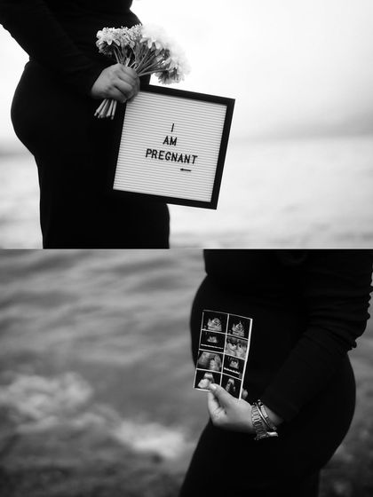 A black and white collage showing close-ups of the baby bump with an "I am Pregnant" sign and sonogram pictures, taken by the water for a dramatic effect.