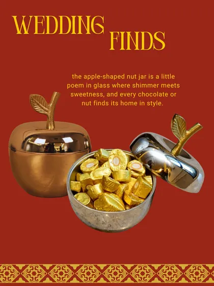 This apple-shaped nut jar is one of my most popular wedding finds. Available in both gold and silver finishes, it's a little poem in glass where shimmer meets sweetness, perfect for holding chocolates or nuts in style.