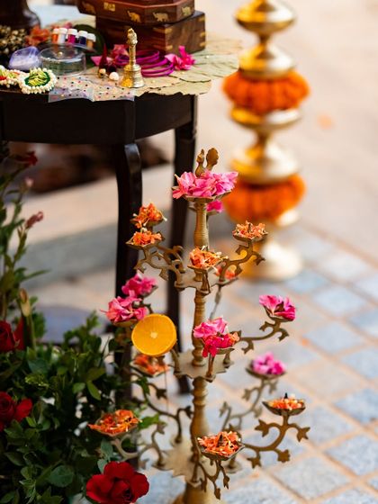 A corner dedicated to a bride who is a dancer, featuring her anklets and other personal items.