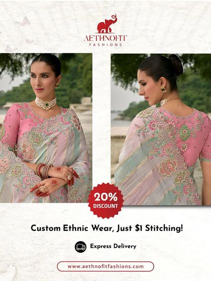 Six yards, infinite stories. My designer sarees come with complimentary fall, edging, and custom-stitched blouses because tradition deserves a tailored touch.