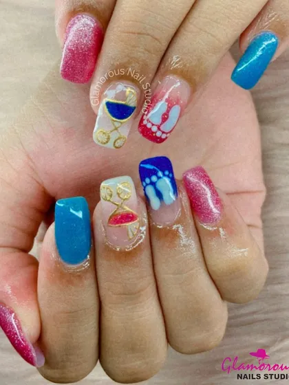 Vacation mode: activated. This quirky set is all about fun in the sun, with hand-painted designs of baby-strollers, tiny footprints, and a mix of bright blue and shimmery pink.