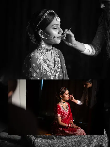 A collage of the bride getting her makeup done. I use different angles and lighting to document this transformative process in an artistic way.