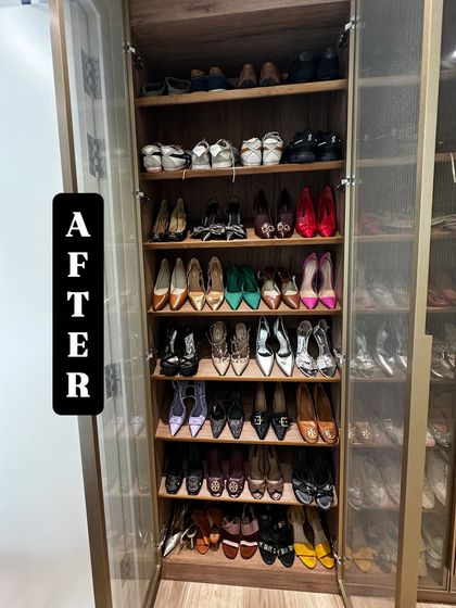 After: A stunning shoe closet transformation. We organized this collection by type and color, placing heels and formal wear on display in a beautiful glass-front cabinet.