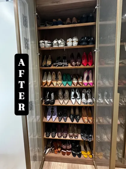After: A beautiful and organized shoe closet. We arranged the shoes by type and color, making it look like a boutique and ensuring every pair is easy to find.