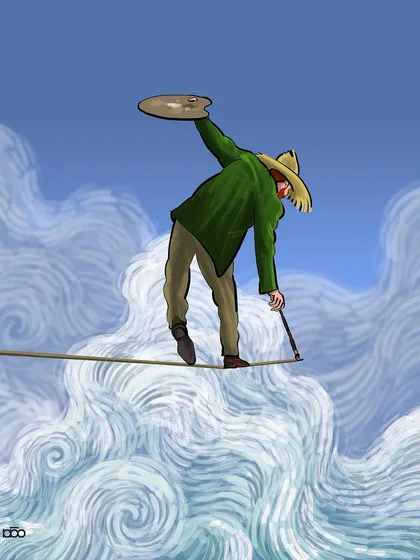 I visualize the struggle between dreams and reality as an act of tightrope walking. Vincent balances precariously on a rope stretched across a sky of swirling clouds, holding his palette, trying to connect his art to the harshness of life.