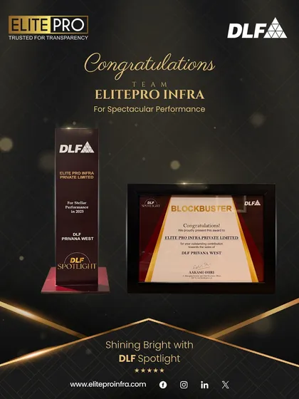 We proudly display our DLF Spotlight Awards for spectacular performance. This includes the 'Blockbuster' category for DLF Privana West, showcasing our significant contribution to the sales of their key projects.