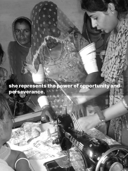 Babita demonstrating a technique at a sewing machine. She represents the power of opportunity and perseverance, inspiring others on her way.