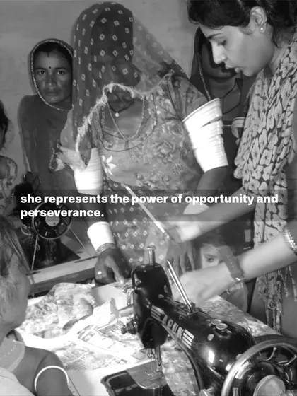 Babita demonstrating a technique at a sewing machine. She represents the power of opportunity and perseverance, inspiring others on her way.