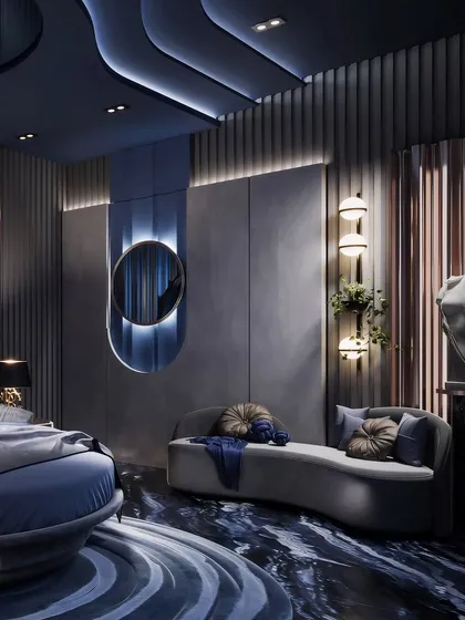 A futuristic bedroom concept, "Celestial Waves," featuring a curved chaise lounge against a backdrop of fluted panels and sculptural wall lights. The render creates a moody, cinematic atmosphere.