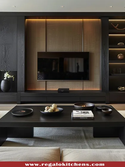 A bold, all-black entertainment center. The design includes a mix of closed cabinets and illuminated open shelving, creating a powerful and organized focal point.