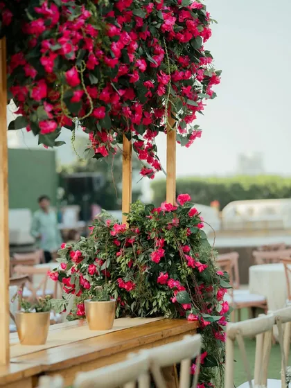 A close-up of the bougainvillea canopy, showing how we create a lush, natural, and colorful overhead installation.