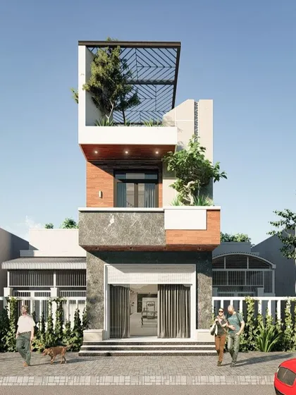 A compact and efficient design concept for a 103 sq. yard plot, intended for an elderly couple. The design includes a ground-floor shop and two residential floors, maximizing the utility of a small plot.