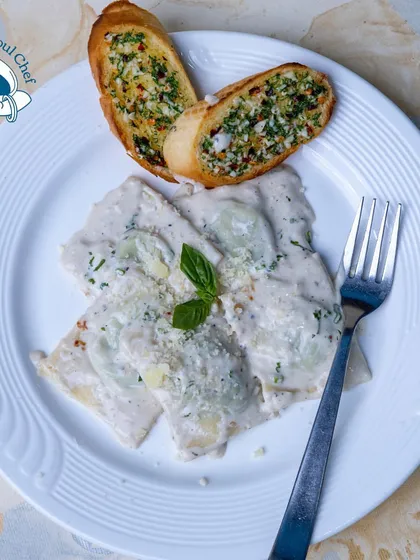 For those who appreciate fine dining, I offer dishes like this Edamame and Truffle Stuffed Ravioli. Served in a shiitake parmesan cream sauce, it's a gourmet pasta dish that will elevate any corporate dinner.