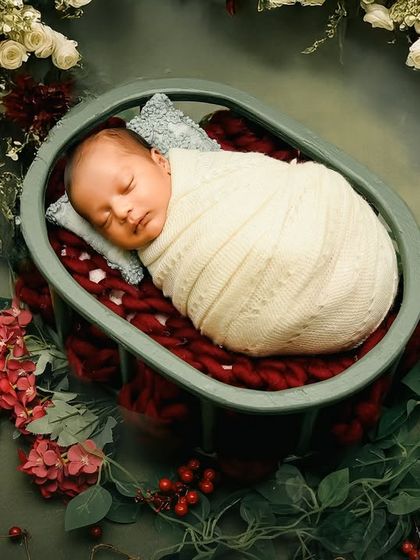 An overhead shot of the baby in the berry and foliage setup, providing a beautiful, symmetrical composition.