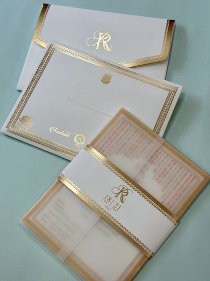 Another view of our classic cream and gold vellum invitation. The clean design and luxurious materials make it a timeless choice for any sophisticated wedding.