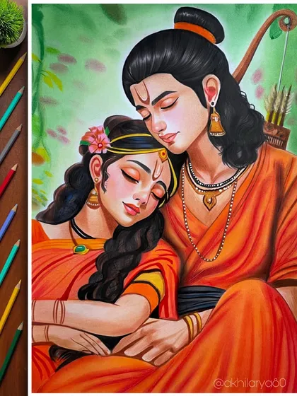 A serene and colorful portrait of Siya Ram, drawn with colored pencils. This artwork is filled with devotion and captures a quiet moment of divine love, perfect for bringing peace to any space.
