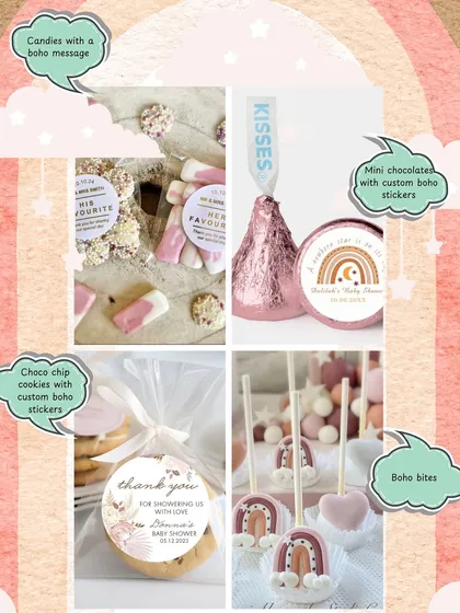 A mood board for boho-themed edible favors, like custom-stickered chocolates and rainbow-shaped cake pops.