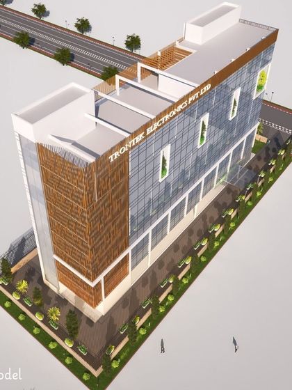 A 3D model of the Trontek Electronics Headquarters in Delhi. The design combines an energy-efficient glazed facade with striking clay tiles and green terraces for a sustainable and innovative corporate building.