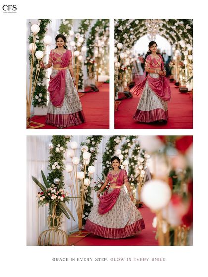 "Grace in every step." A collage capturing the bride's grand entrance in a beautiful pink and white lehenga. The floral archway and red carpet make for a stunning scene.