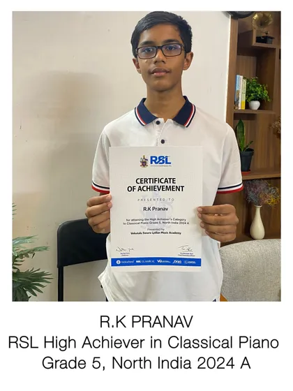We celebrate Pranav for achieving the RSL High Achiever award in Classical Piano Grade 5. This is a testament to his dedication and our structured approach to piano exam preparation.