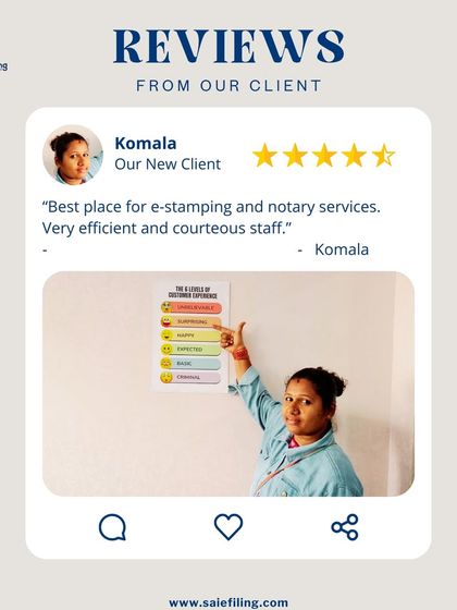 "Best place for e-stamping and notary services. Very efficient and courteous staff." Komala's review encourages our team to continue providing top notch service with a professional and friendly approach.
